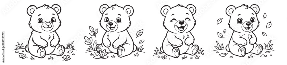Obraz premium Cute bear coloring page set, 4 cartoon teddy bear characters in black and white line art, adorable baby bear illustrations for kids activity book