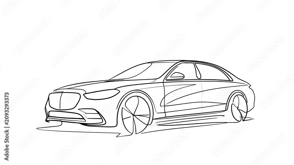 Fototapeta premium Luxury sedan line drawing white background.