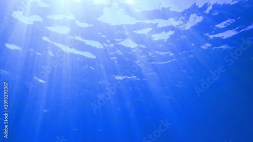 Ocean blue underwater with sunrays, Underwater Sea Deep Water Abstract Sunshine, sea wave , clean waters in summer time, Natural underwater seascape, sand on ocean floor and water surface sunlight.