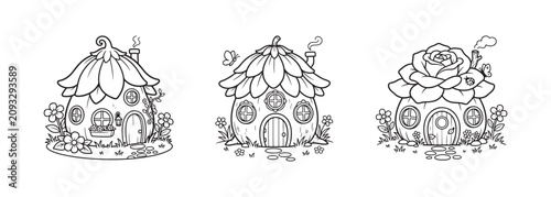 Whimsical fairy house coloring page set, 3 fantasy flower cottage line art vectors, magical garden gnome home illustrations for kids activity books