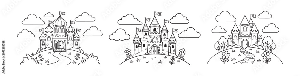 Fototapeta premium Fairytale castle coloring page set, 3 medieval fortress line art illustrations, fantasy palace vector outlines for kids activity books