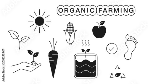 Bild auf Leinwand Very beautiful black and white realistic vector illustration of organic farming icons featuring clean outline eco symbols and a bold label reading ORGANIC FARMING, isolated on white background