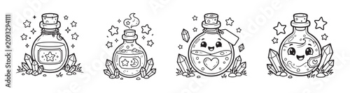 Kawaii magic potion bottles coloring page, cute fantasy elixir jars with crystals and stars, 4 magic potion vector icons for kids activity