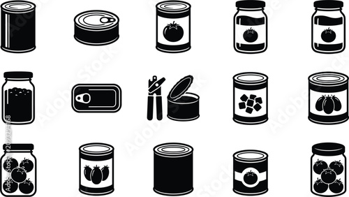 Obraz na plátně Canned food and glass jar icon set showing preserved tin cans tomato sauces open