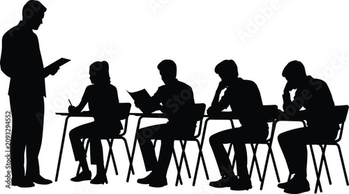 Fotografía Teacher supervising students during classroom examination silhouette illustratio