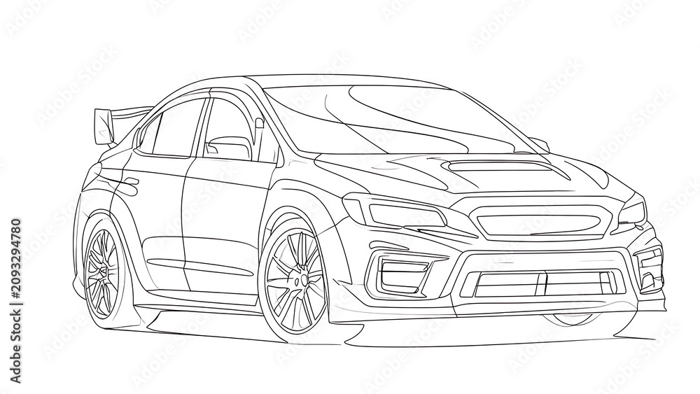 Fototapeta premium Sports car line drawing on white background.