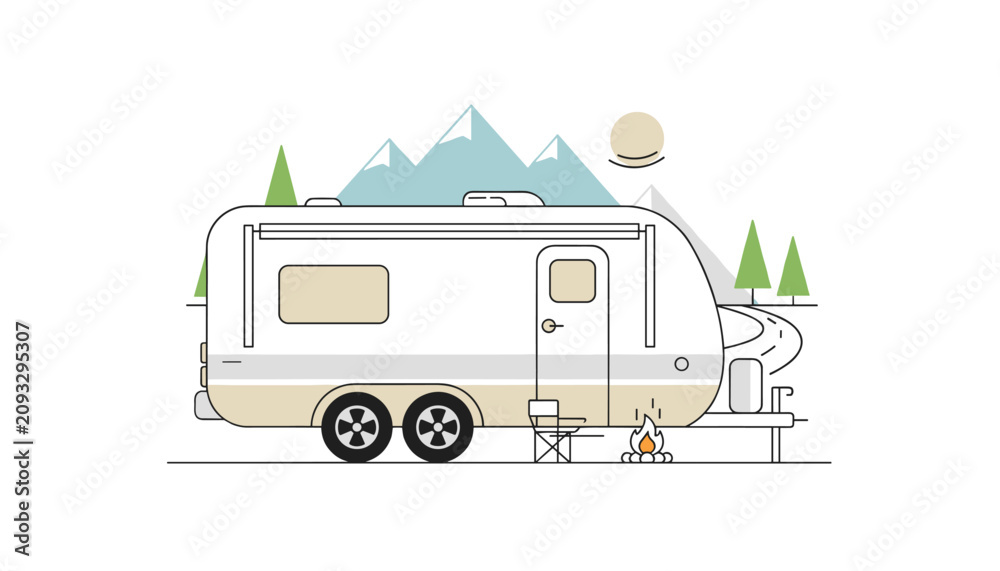 Fototapeta premium White recreational vehicle caravan trailer parked next to a cozy campfire with mountain landscape in background.
