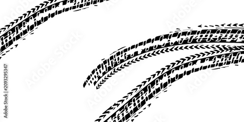 Set of black motorcycle tire tread print with grunge effect isolated on white background. Footprint of bike or car wheels with seamless texture. Top view of rubber protector marks.