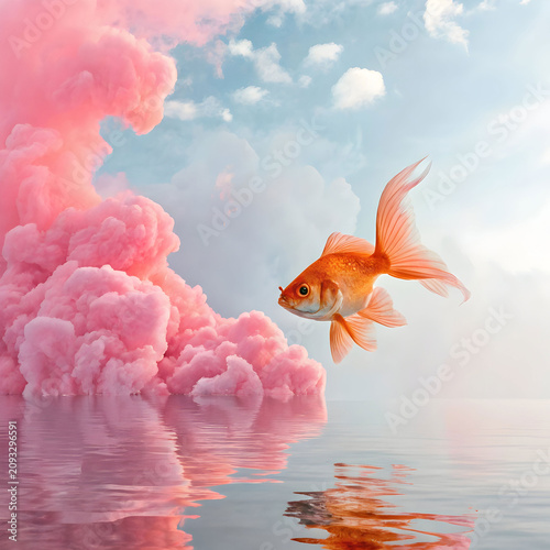a surreal image of an orange goldfish seeming to float