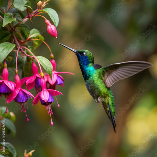 a vibrant emerald throated hummingbird with iridescent feathers