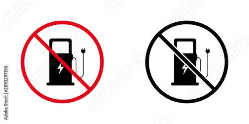 No Electric Charging Station Prohibition Sign Icon Set. Forbidden Electric Vehicle Charging Warning And Restriction Symbol Collection. Stop And Ban Notice. Isolated Vector Illustration