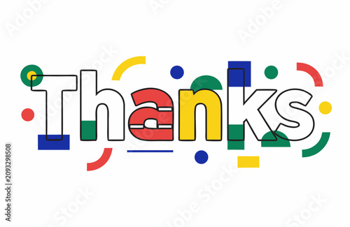 The word thanks written in a bold, outlined font with colorful geometric shapes and patterns inside letters