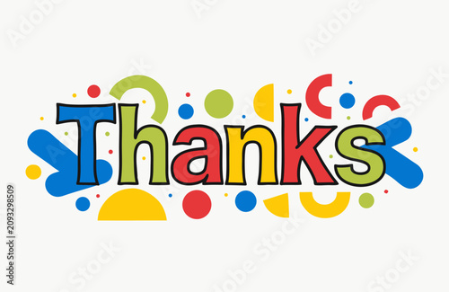 The word thanks written in a bold, colorful, playful font surrounded by various geometric shapes and dots