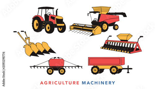 Very beautiful realistic vector illustration of an agriculture machinery collection featuring tractor, combine harvester, plow, seed drill, sprayer, trailer, and a bold label reading 