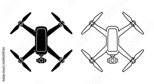 Quadro su tela Drone Silhouette Illustration Black And White Line Art On White Background