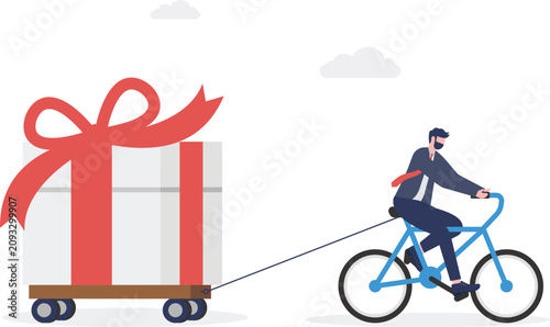 Businessman on bicycle pulling a gift box