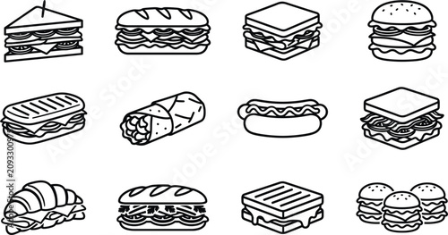Tableau sur toile Sandwich fast food icon set vector black and white burger wrap panini hotdog lin