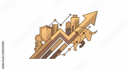 Bull charges upwards past coins shield and city skyline