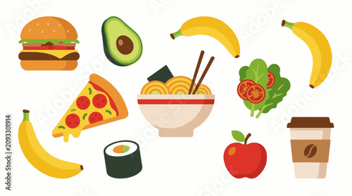 Diverse array of stylized food items arranged against a white background