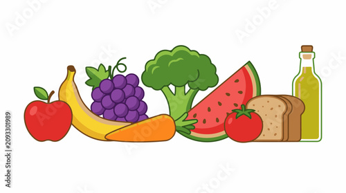 Assortment of colorful fruits vegetables bread and olive oil