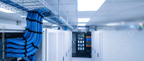 Blue network cables in server room are neatly organized in a metal tray above white data cabinets, creating a clean high-tech infrastructure for cloud computing and hosting services