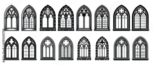 Fotografía Gothic Church Window Silhouette Vector Illustration Set, Medieval Cathedral Wind