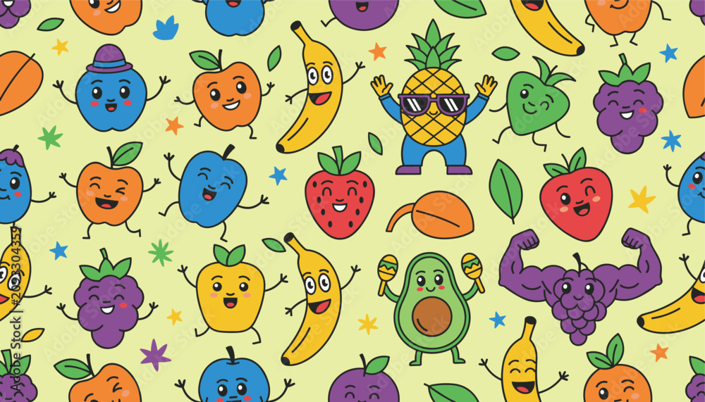 Fototapeta premium Adorable seamless wallpaper pattern featuring cute smiling cartoon fruits like banana, strawberry, pineapple, and apple.