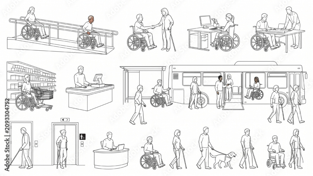 Obraz premium Architectural CAD Accessibility People Collection with Wheelchair Users Greeting Working Shopping Using Ramps and Public Transportation Vector