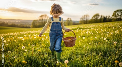 A child walking through dandelion meadow at sunset holding a wicker basket.