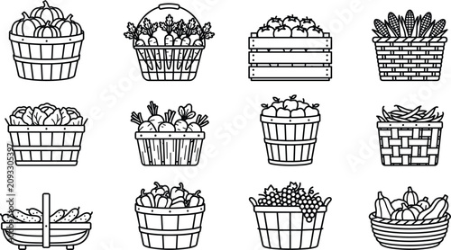 Quadro su tela Fresh harvest vegetables and fruits basket icon set showing pumpkins carrots tom