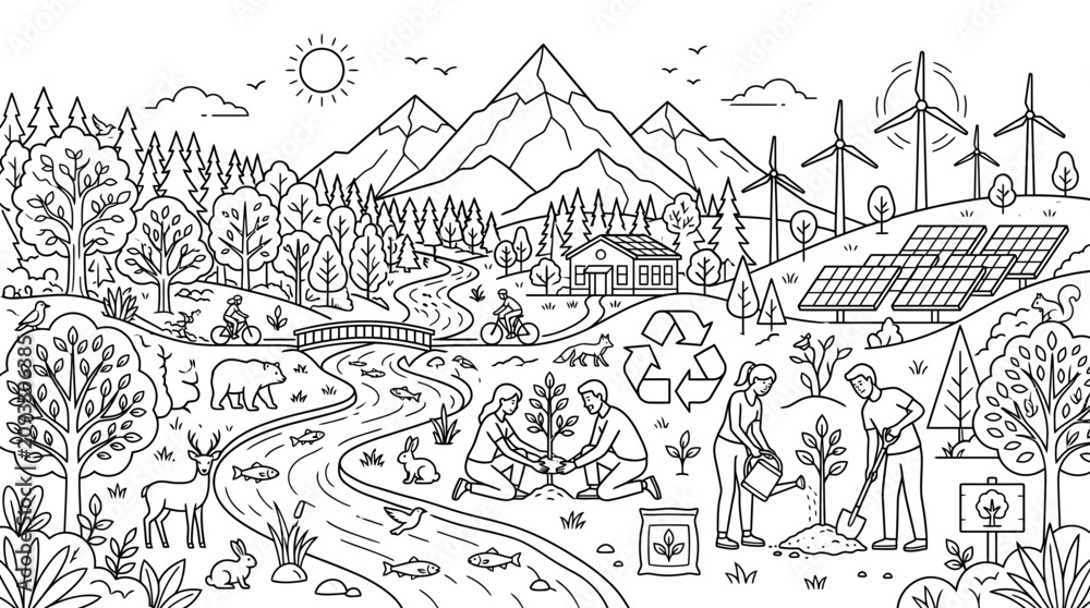 Fototapeta premium Sustainable living and eco-friendly community in harmony with nature. People planting trees, using renewable energy, and protecting wildlife in a g...