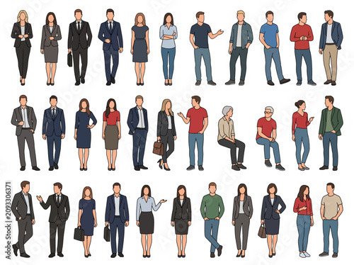 Obraz na plátně A diverse collection of illustrated people in various professional business atti