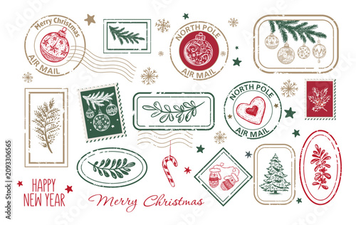 Christmas and new year post stamps set vintage holiday postage marks, north pole air mail, festive ornaments, fir branches, snowflakes, and winter symbols