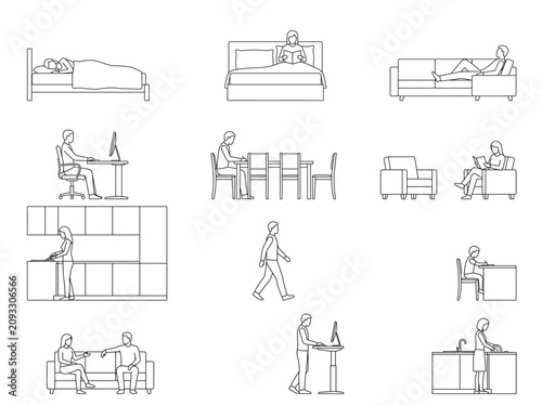 Set of architectural line drawings representing people in various daily activities within interior home and office living spaces