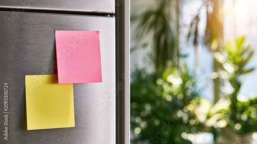 Two colorful sticky notes on a metallic surface with greenery blurred in background