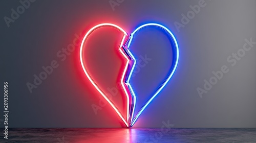 A neon broken heart, half red, half blue, against a gray wall