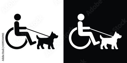 Disabled person in a wheelchair with a service dog vector icon set. Assistance animal sign representing companionship, guidance, and accessibility needs.