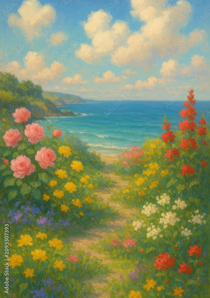Naklejka premium Vibrant coastal floral landscape wallpaper.