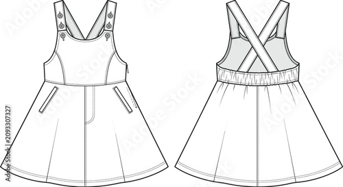 Foto Girls Sleeveless Pinafore Dress CAD Flat Technical Fashion Vector Front and Back