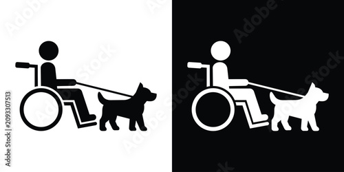 Disabled person in a wheelchair with a service dog vector icon set. Assistance animal sign representing companionship, guidance, and accessibility needs.