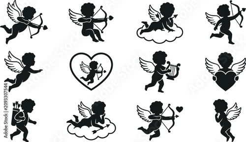 Tableau sur toile Cupid and valentine angel icon set showing cherub silhouettes holding bow arrow