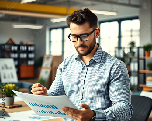 Confident Entrepreneur Reviewing Growth Charts Bright Workspace, Commercial