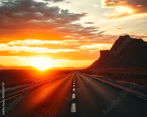 Dramatic Desert Road Sunset With Warm Light And Open Horizon, Premium Adverti