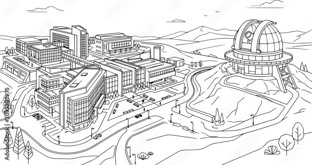 Obraz premium City landscape. Line urban backdrop, different buildings on street, doodle street draw, outline cityscape hand sketch, flat houses. Hand drawn vector illustration