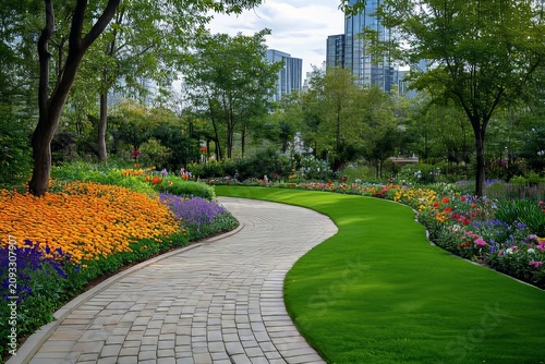The green space of the park features grass, flowers and trees on both sides of a curved brick road leading to downtown, Generative AI