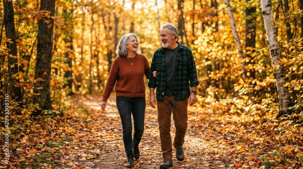 Fototapeta premium Happy senior couple walking arm in arm on a path in an autumn forest.