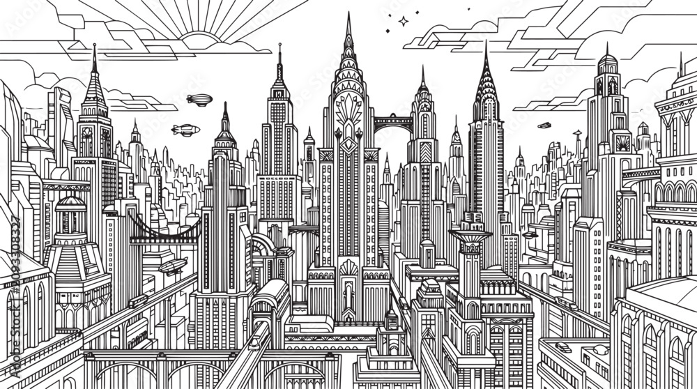 Obraz premium City landscape. Line urban backdrop, different buildings on street, doodle street draw, outline cityscape hand sketch, flat houses. Hand drawn vector illustration