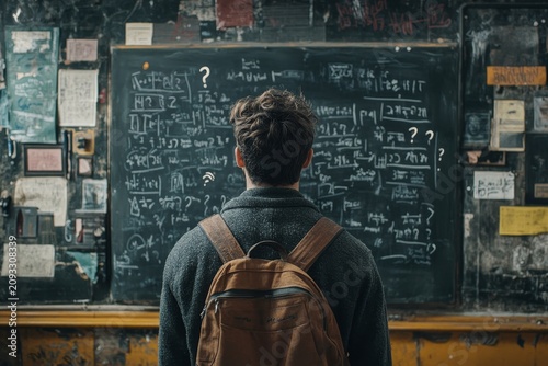 A man stands in front of a blackboard with question marks and scribbles, trying to figure out the details of his business plan, Generative AI