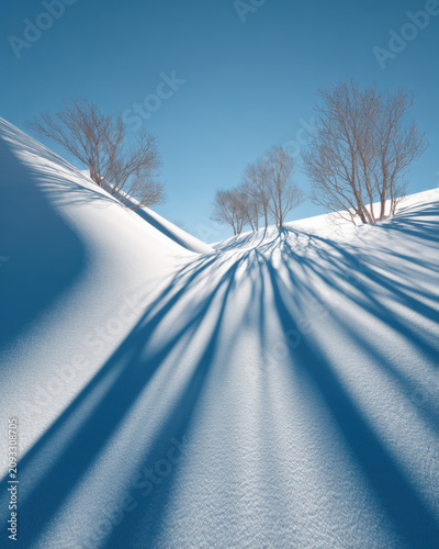 Long Tree Shadows on Snowy Mountainside - Minimalist Winter Graphic