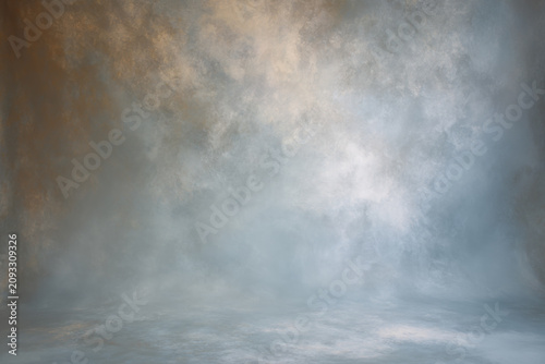 Light blue studio painted backdrop. Muted golden tones. Canvas background on the wall and on the floor with a soft transition.